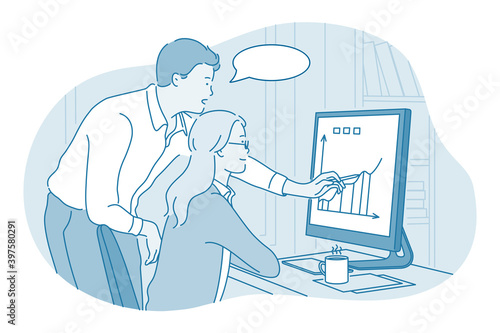 Teamwork, brainstorm, marketing report concept. Young business people office workers partners cartoon characters sitting discussing marketing statistics data on laptop screen together illustration 