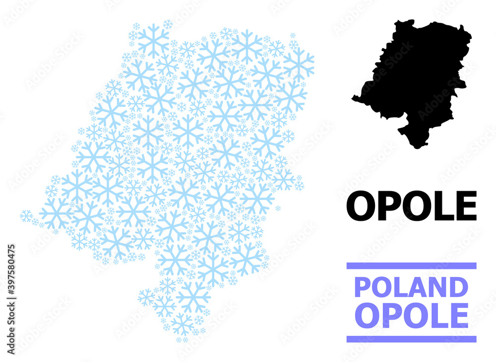 Fototapeta premium Vector mosaic map of Opole Province organized for New Year, Christmas celebration, and winter. Mosaic map of Opole Province is made with light blue snow items.