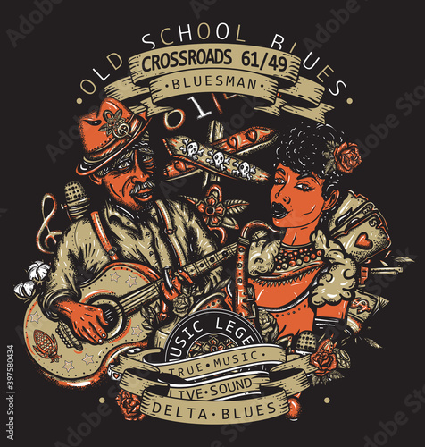 Blues music. Beautiful black jazz woman, saxophone. Tattoo and t-shirt design. Musical poster. Legend crossroads 61 49 and devil. Elderly Afro American bluesman playing slide guitar