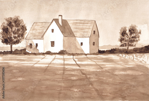 White cottage with a field. Farmhouse. Countryside. Monochrome hand painted watercolor illustration in sepia.