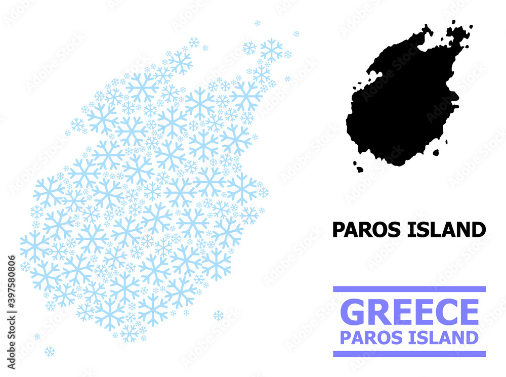 Vector mosaic map of Paros Island constructed for New Year, Christmas celebration, and winter. Mosaic map of Paros Island is made with light blue snow elements.