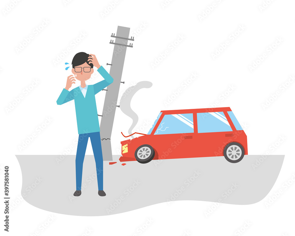 電柱に衝突して壊れるコンパクトカー