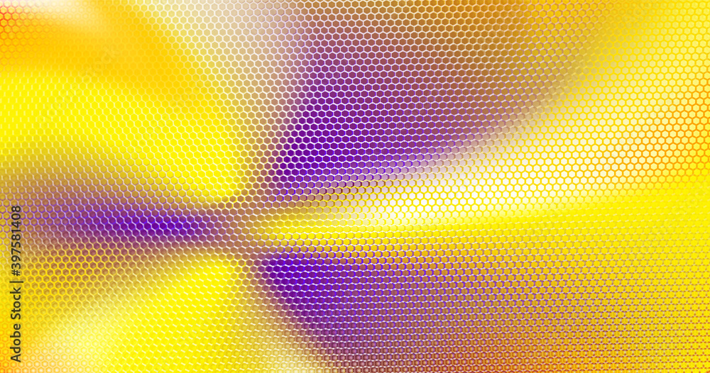 Yellow purple abstract background textured by hexagons. Technology perforated backdrop with hexs. Modern geometric cover design. Ad banner minimal composition.Hex shapes