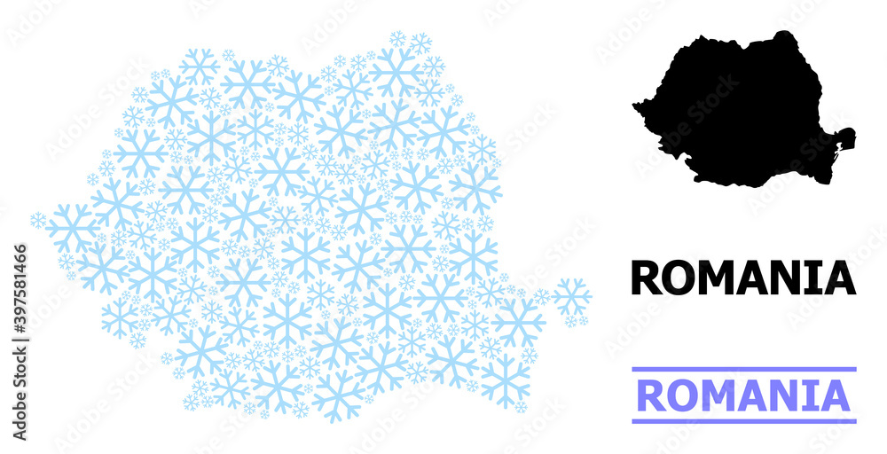 Vector composition map of Romania constructed for New Year, Christmas celebration, and winter. Mosaic map of Romania is constructed from light blue snowflakes.
