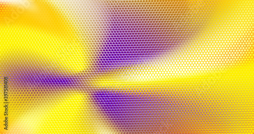 Yellow purple abstract background textured by hexagons. Technology perforated backdrop with hexs. Modern geometric cover design. Ad banner minimal composition.Hex shapes