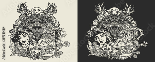 Mexico. Love story. Tattoo and t-shirt design. Aztec and Mayan concept. Mesoamerican monolith. Totem. Mexican latin woman in ancient clothes, skeleton with a guitar and sun stone. One color vector