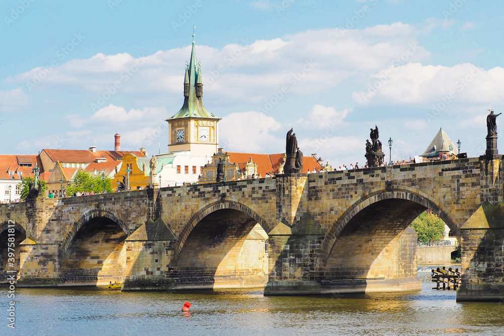 Charles bridge, historical center of Prague, buildings and landmarks, Vltava river. Prague, Czech Republic