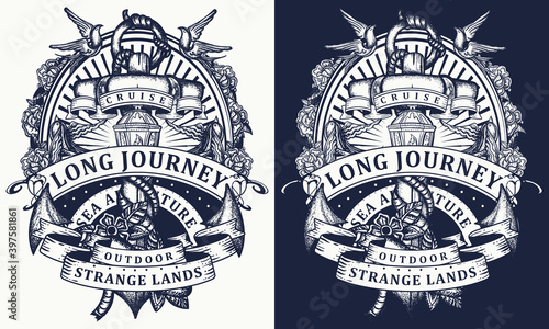 Anchor, roses flowers, ribbon and swallows birds. Sea adventure style. T-shirt design. Outdoor art. Traditional old school tattoo style. One color vector