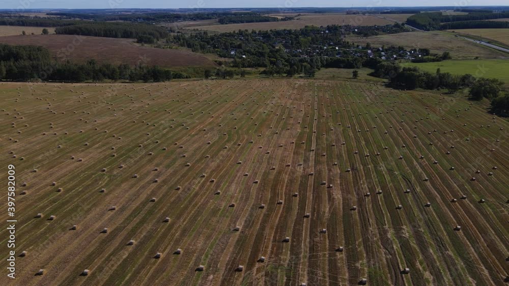Flying over a field and village Flying over a field and village