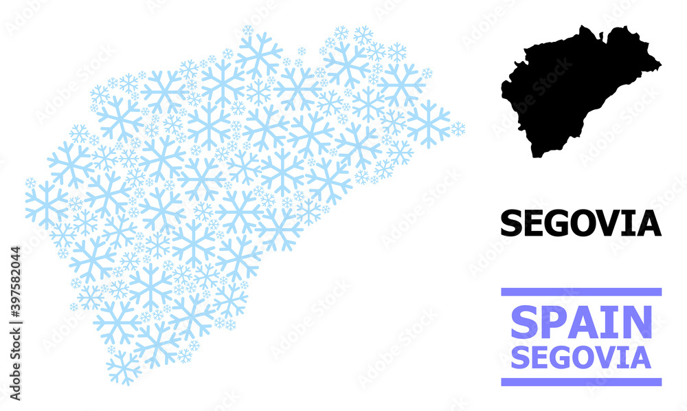 Fototapeta premium Vector mosaic map of Segovia Province done for New Year, Christmas celebration, and winter. Mosaic map of Segovia Province is made of light blue snow items.