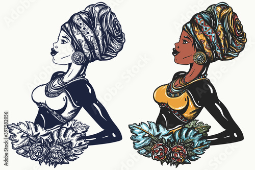 African woman in traditional turban. Portrait. Ethnic afro girl. Black tribe. Africa people art. Tattoo vector graphic collection