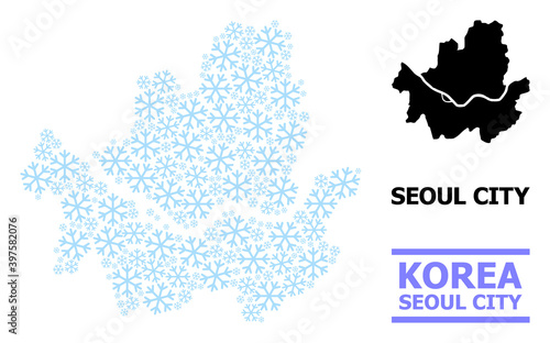 Vector mosaic map of Seoul Municipality combined for New Year, Christmas celebration, and winter. Mosaic map of Seoul Municipality is designed of light blue snow items.