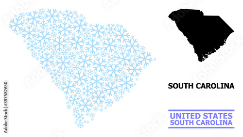 Vector mosaic map of South Carolina State combined for New Year, Christmas celebration, and winter. Mosaic map of South Carolina State is composed from light blue snow icons.