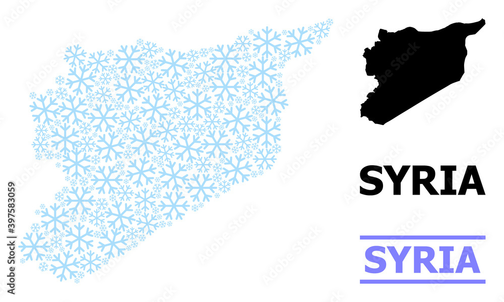 Vector composition map of Syria done for New Year, Christmas celebration, and winter. Mosaic map of Syria is done with light blue snow icons. Design template for political and New Year applications.