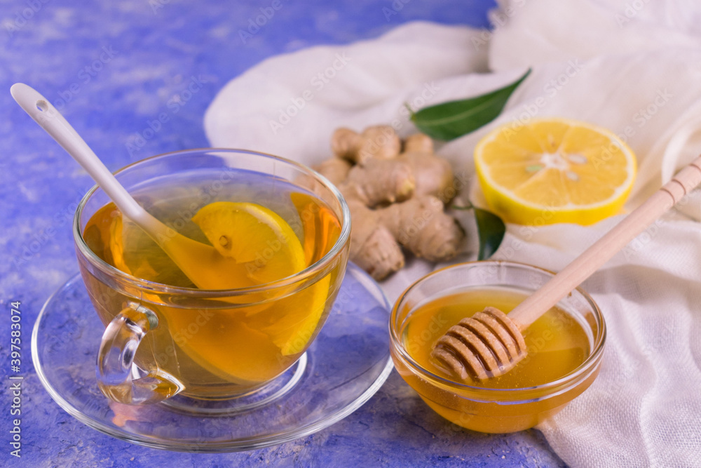 Ginger Tea Lemon Honey Blue Background Natural Tea Concept Ginger Tea Lemon Honey Blue Background Natural Tea Concept