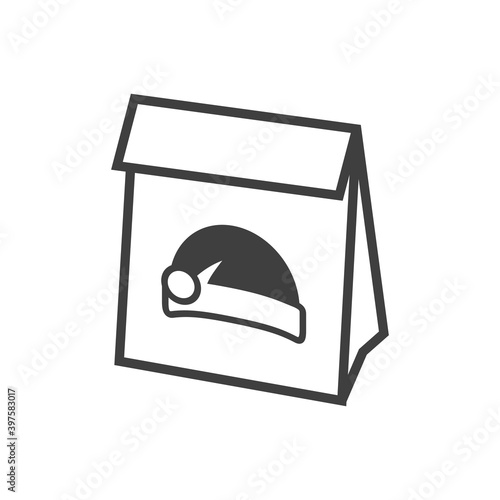 Cena de navidad. Comida para llevar. Logotipo con gorro de Papá Noel en bolsa de papel en color gris