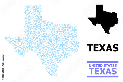 Vector mosaic map of Texas State organized for New Year, Christmas celebration, and winter. Mosaic map of Texas State is shaped from light blue snow elements.