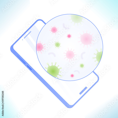Virus germs and bacteria on mobile phone. Clean your phone, disinfect smartphone, prevention of illness, infectious diseases spread concept, vector illustration