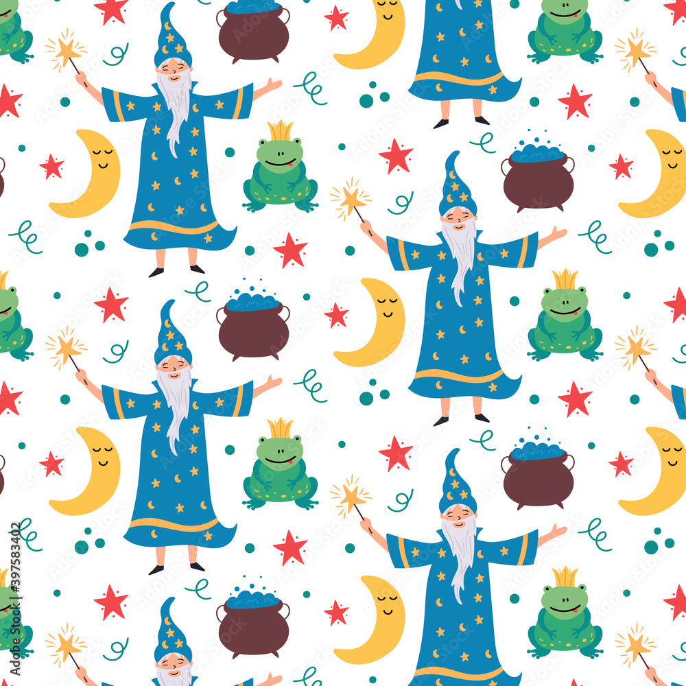 Magic pattern wizard toad moon potion. Children's wallpaper for nursery decor. Modern flat vector seamless illustration Magic pattern wizard toad moon potion. Children's wallpaper for nursery decor. Modern flat vector seamless illustration