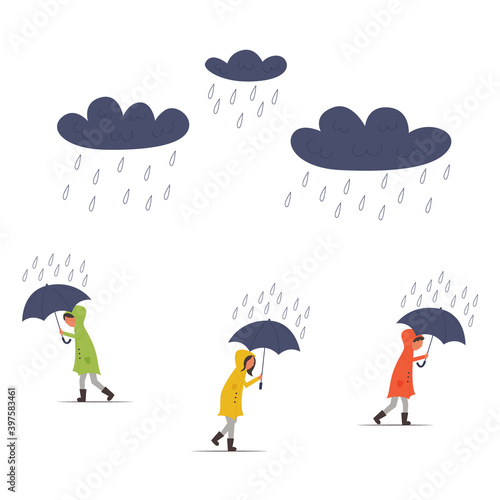 People in raincoats walk under umbrellas in rainy weather. Clouds with rain. People are in a hurry. Modern flat vector illustration