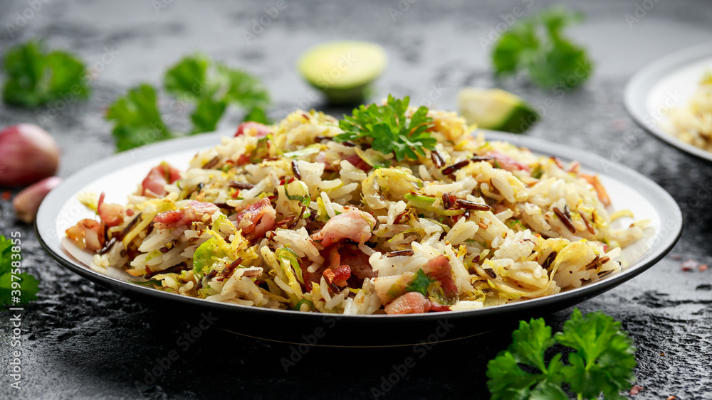 Fried Brussels sprouts with rice and crispy bacon Fried Brussels sprouts with rice and crispy bacon