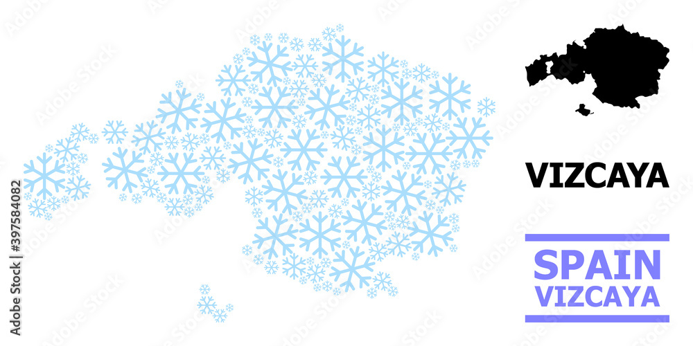 Vector mosaic map of Vizcaya Province created for New Year, Christmas celebration, and winter. Mosaic map of Vizcaya Province is shaped from light blue snow items. Vector mosaic map of Vizcaya Province created for New Year, Christmas celebration, and winter. Mosaic map of Vizcaya Province is shaped from light blue snow items.