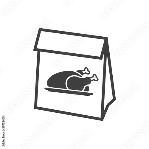 Comida para llevar. Logotipo con pavo o pollo asado en bolsa de papel en color gris