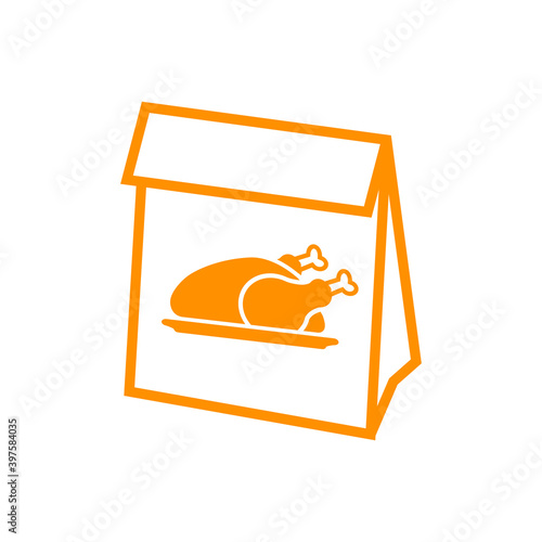 Comida para llevar. Logotipo con pavo o pollo asado en bolsa de papel en color naranja