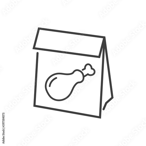Comida para llevar. Logotipo con muslo de pavo o pollo asado en bolsa de papel con lineas en color gris