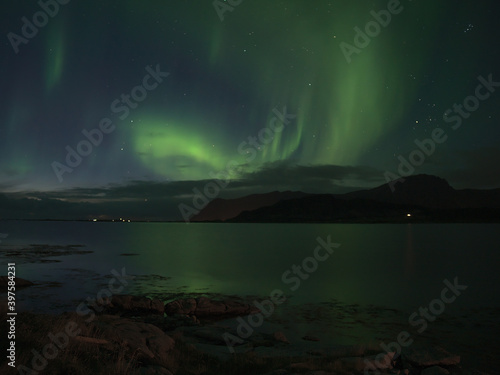 Stunning view of night sky with bright green colored northern lights (aurora borealis) above northern coast of Vestvågøy island, Lofoten, Norway with reflections in water and mountains on horizon. © Timon