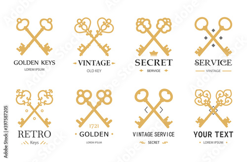 Gold retro keys. Different crossed keys silhouettes with typography. Vintage vector emblems.