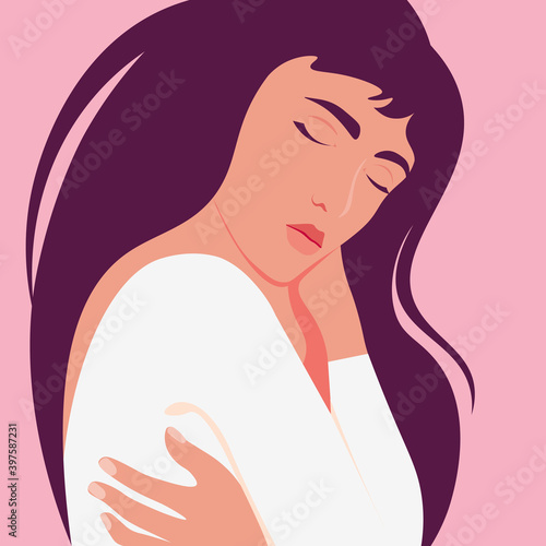 Asian woman hugs herself. Self help. Relaxation. Psychological and physical health. Vector flat illustration