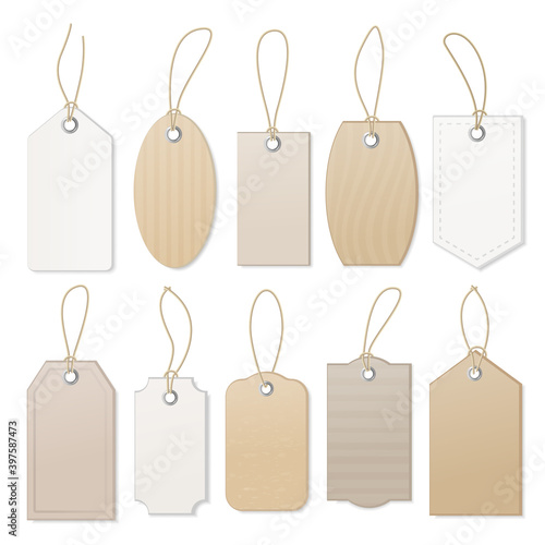 Price tags. Set of blank gift box tags or sale shopping labels with rope. Vector illustration.