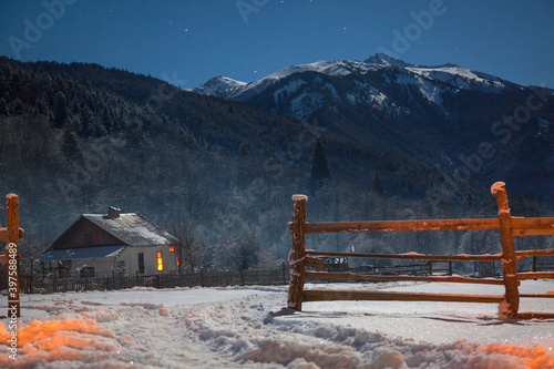 Winter night photography camping in the mountains and Western Caucasus.