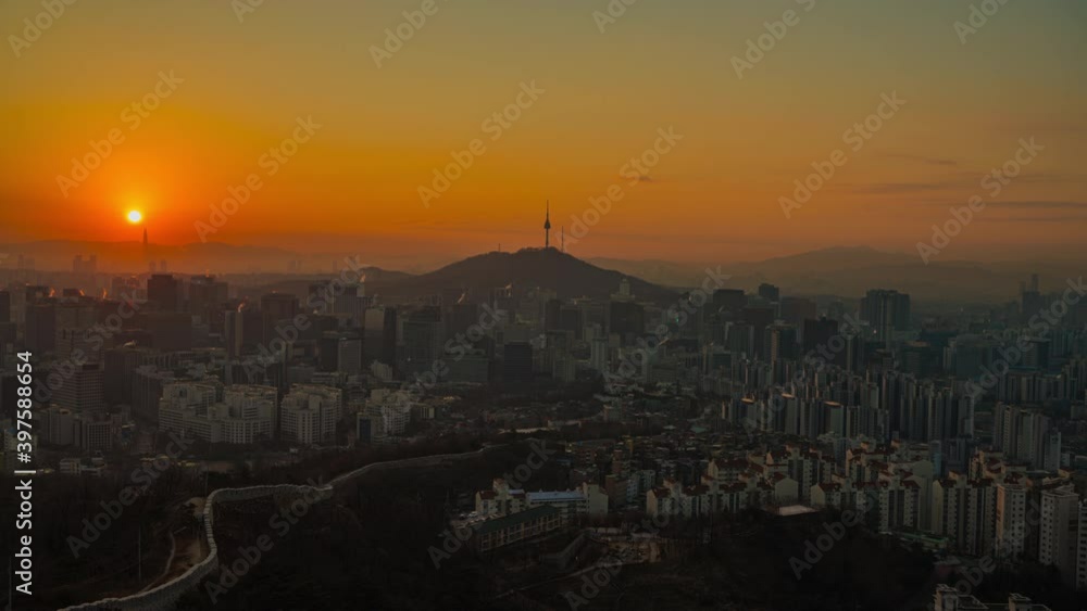 Timelapse 4k morning of cityscape and Capital of South Korea and viewpoint of Namsan Seoul Tower popular tourist attractions in South Korea. Viewpoint from Inwang mountain in Seoul city Timelapse 4k morning of cityscape and Capital of South Korea and viewpoint of Namsan Seoul Tower popular tourist attractions in South Korea. Viewpoint from Inwang mountain in Seoul city
