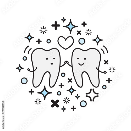 Lovely teeth with smiles. Dental care logo. Vector outline illustration.