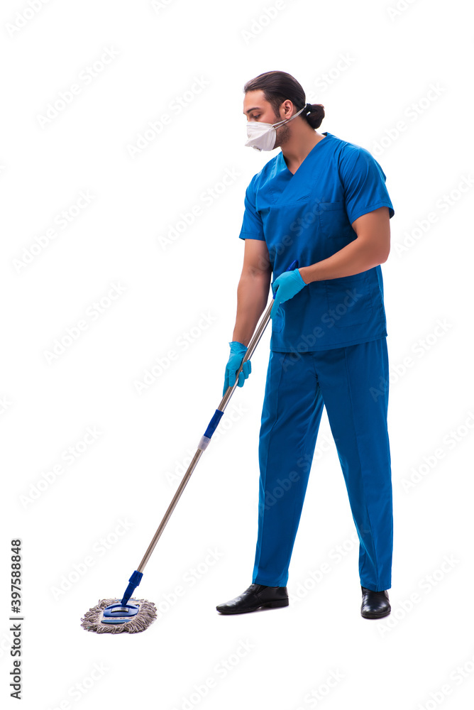 Young male assistant with mop isolated on white Young male assistant with mop isolated on white