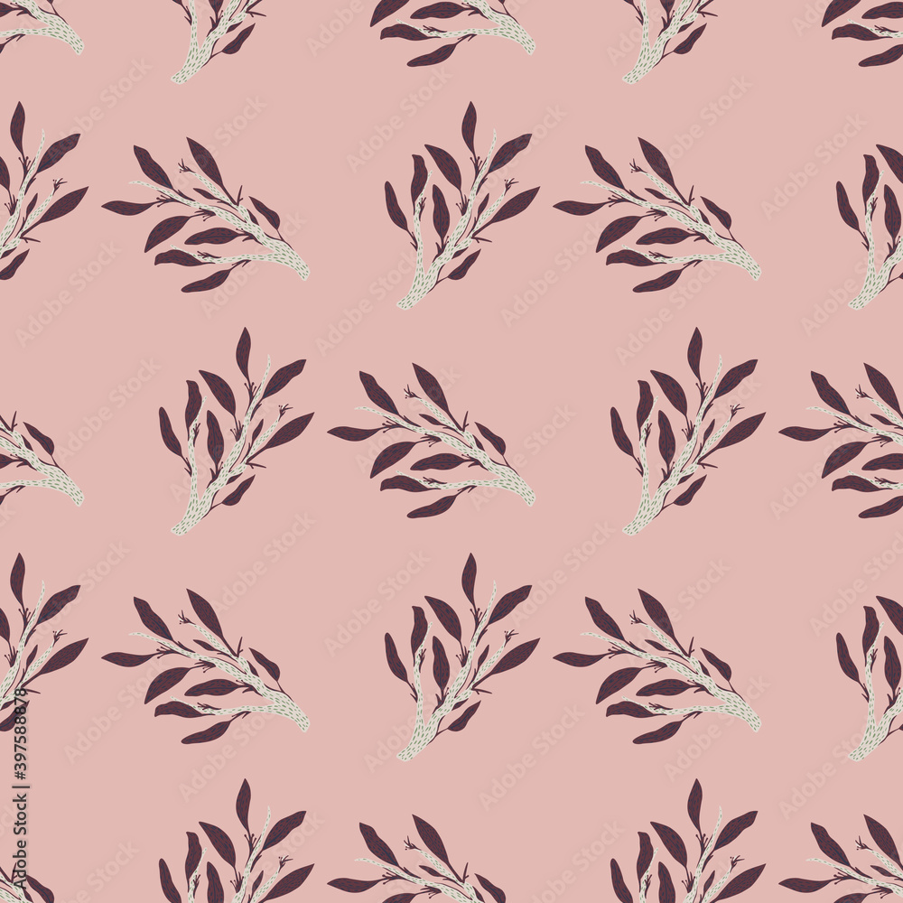 Pink palette seamless floral pattern with leaves branches. Foliage hand drawn silhouettes stylized backdrop.