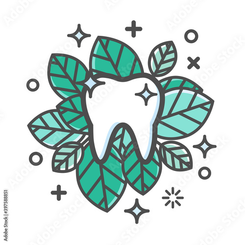 Healthy tooth with with mint leaves icon. Dental care logo. Vector outline illustration.