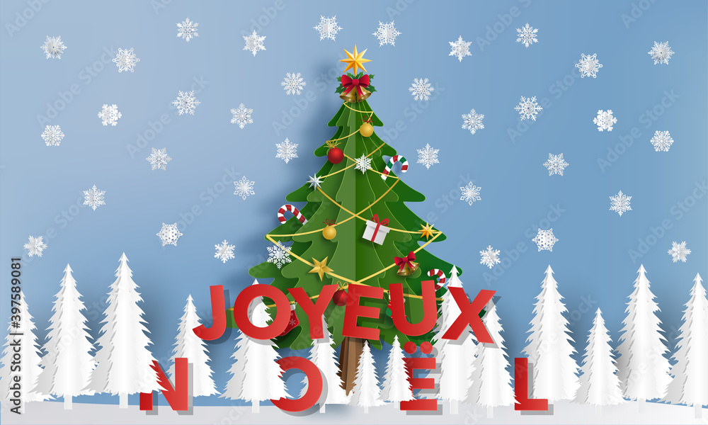 carte ou bandeau sur Joyeux Noël en rouge avec un sapin de Noël décoré
