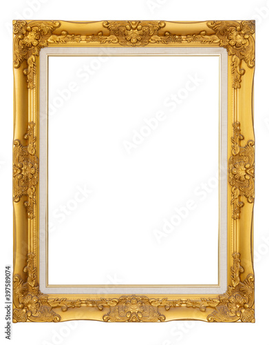Vintage blank or empty golden frame isolated on white background .Frame border design is pattern Thai style. design for mockup,banner and advertising.