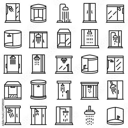 Shower stall icons set. Outline set of shower stall vector icons for web design isolated on white background
