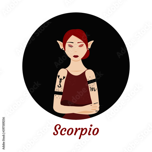 Scorpio zodiac sign. Elven woman with tattoos.
