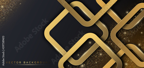 Abstract template gold square geometric overlapping with golden line  decoration glitter dot on dark background. Luxury style.