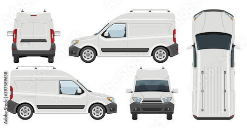 White minivan vector template with simple colors without gradients and effects. View from side, front, back, and top