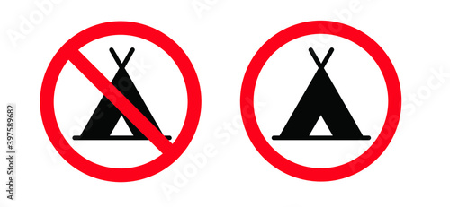 No camper. No camping icon. Silhouette of a trailer, a house on wheels. No camping tent, cars and caravans forbidden sign. Stop halt allowed Do not enter, no ban signs. Prohibited icons.
