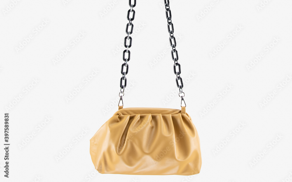 women handbag hanging against white background. Beautiful luxurious bright brown leather handbag front view, without shadow on white background
Handbag isolated hangs on black chains