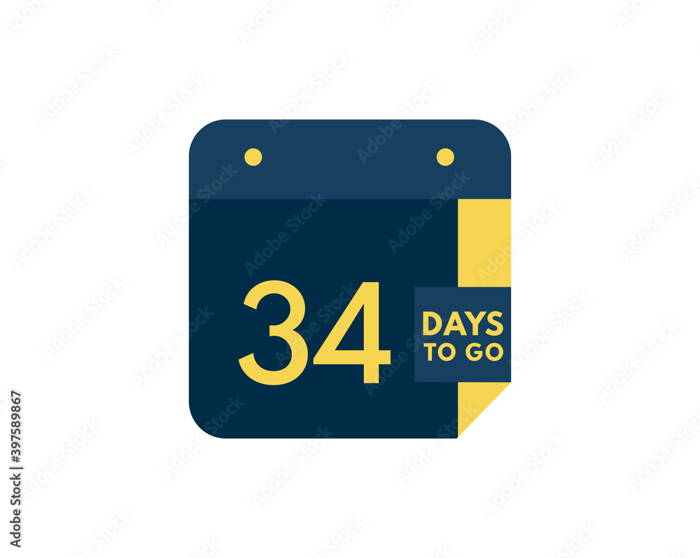 34 days to go calendar icon on white background, 34 days countdown, Countdown left days banner image 34 days to go calendar icon on white background, 34 days countdown, Countdown left days banner image