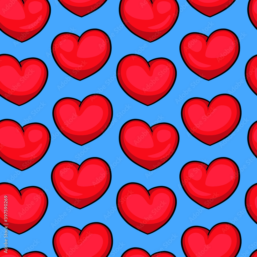 Red volumetric hearts on a blue background. Seamless texture Red volumetric hearts on a blue background. Seamless texture