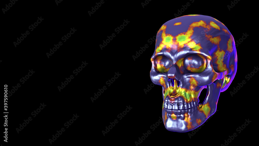 Totenkopf in Rorschachmuster, vielfarbig. 3D Illustration